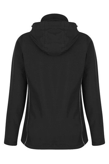 A soft shell jacket in black with a hood and white accents, featuring a logo on the back.