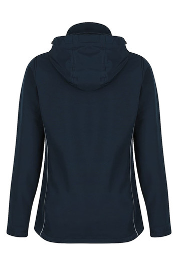 A dark navy soft shell jacket with a hood, featuring a sleek design and contrasting side seams.