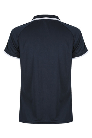 A dark navy polo shirt with a contrasting trim, featuring a simple collar and short sleeves. It has a logo.
