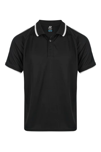 A black polo shirt featuring contrasting white details, designed for men. It has a logo on the collar.