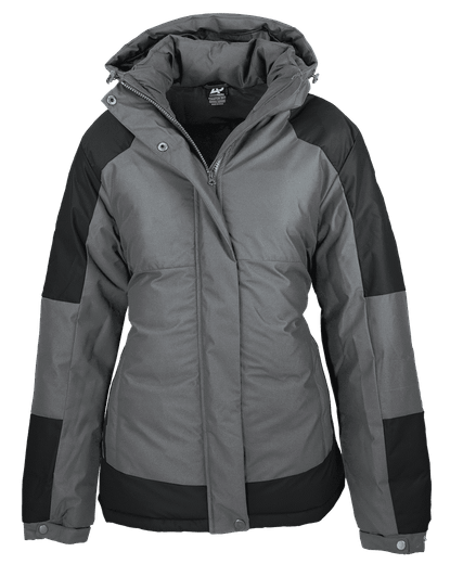 A women's jacket in grey with black accents, featuring a hood and zippered front, with branding.