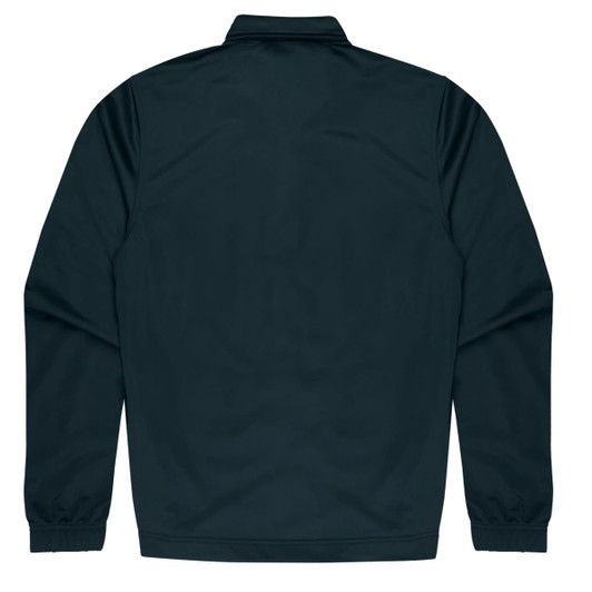 A dark green jacket with long sleeves and a collar featuring elastic cuffs and a simple design on the back.