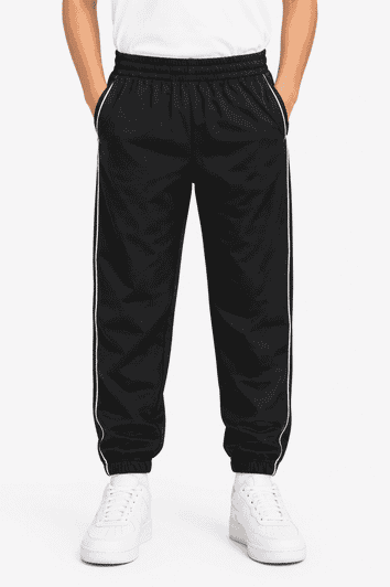 Black kids' pants with an elastic waistband, featuring side pockets and white stripe detailing on the sides.