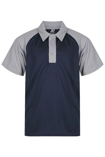 A navy and grey polo shirt featuring a collared neckline and short sleeves, with a logo on the label.
