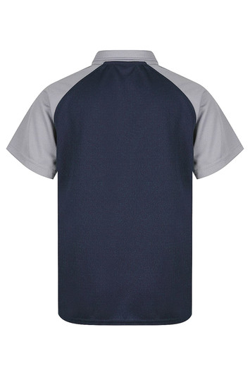 A navy and grey polo shirt, featuring a sporty design and a logo on the front.