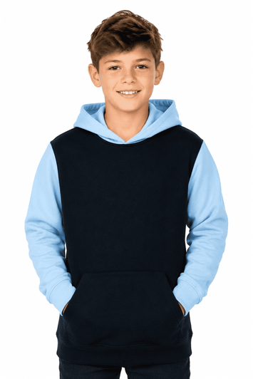 A hoodie featuring a blue front and black sleeves, worn by a smiling boy with hands in pockets.