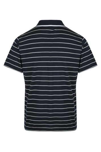 A navy blue polo shirt with white stripes and a collar, featuring a logo on the side.