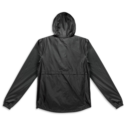 A unisex windbreaker in black with a hood and long sleeves, featuring a logo on the back.