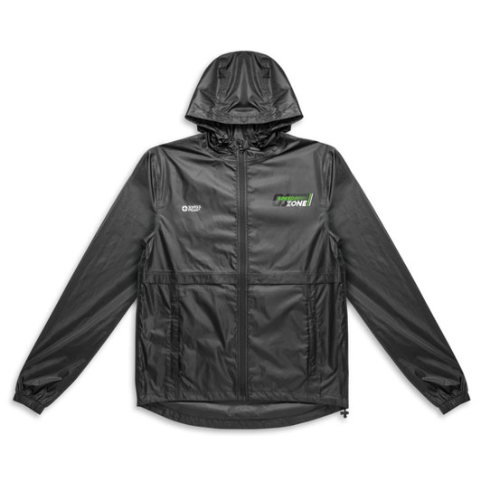 A black unisex windbreaker featuring a hood and a logo. It has a sleek, minimalist design and an adjustable fit.