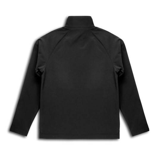 A black unisex softshell jacket, featuring a high collar and long sleeves, with a logo on the back.