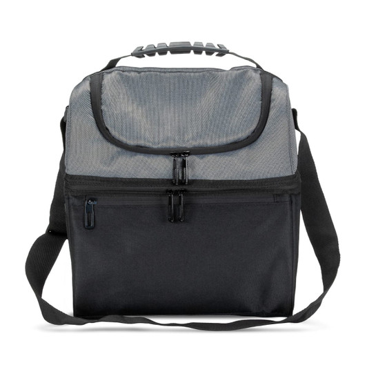 A grey and black cooler bag with a shoulder strap and zippered compartments. The bag features a logo on the front.