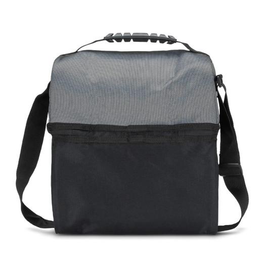 A grey and black cooler bag with a shoulder strap and a top handle, featuring a logo.