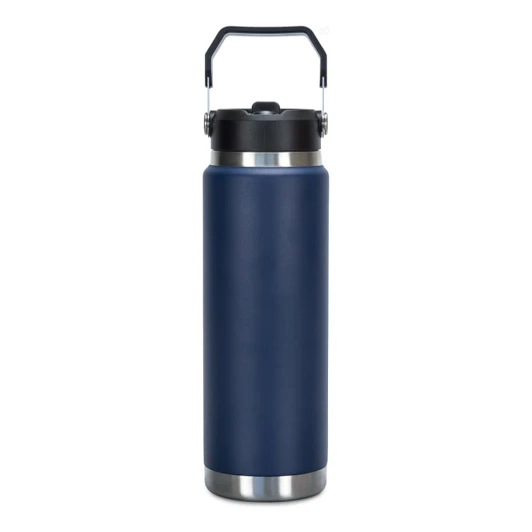 A drink bottle in navy blue with a stainless steel base and a black lid, featuring a handle for easy carrying.