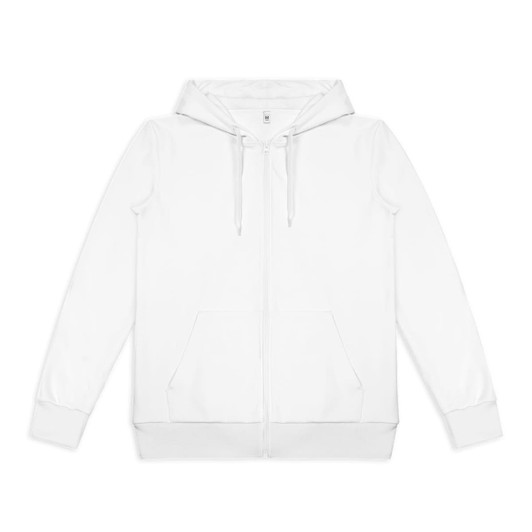 A white zipped hoodie with a hood, featuring front pockets and a logo on the label.