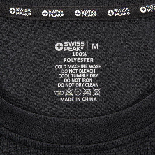 A black unisex t-shirt made from 100% polyester, featuring care instructions and a brand logo inside the collar.