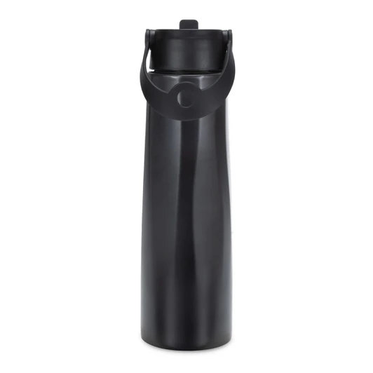 A drink bottle in a sleek black finish, featuring a handle and a secure screw-on lid. It has a logo on its surface.