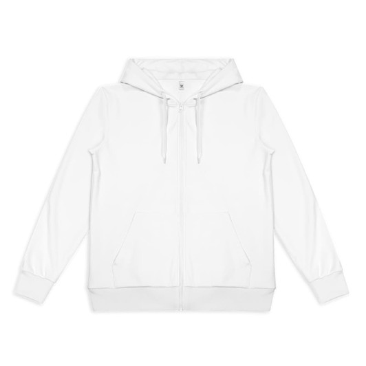 A white zipped hoodie with a hood, front pockets, and drawstring, featuring a logo on the label.