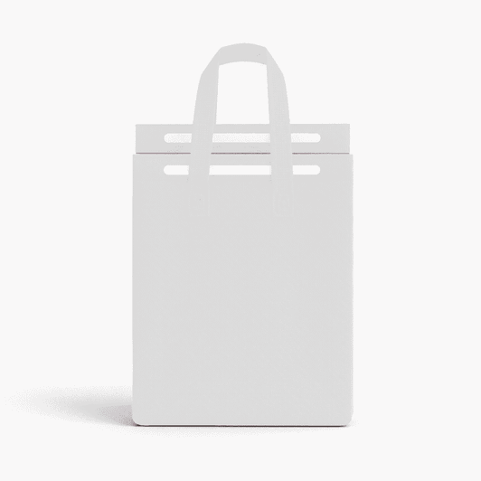 A white insulated reusable bag with two handles, featuring a simple design. It has a logo on the front.