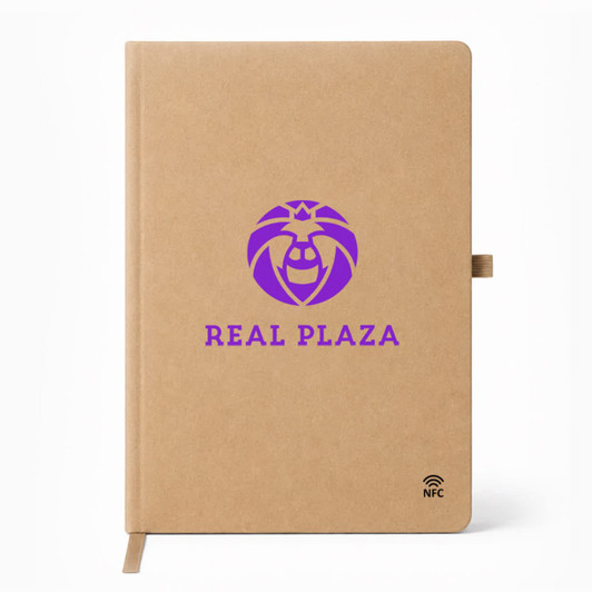 A tan A5 notebook featuring a logo, with a ribbon bookmark and NFC technology.