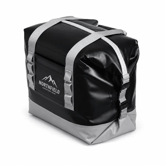 A black and grey 17L foldable cooler with adjustable straps and a logo on the side.