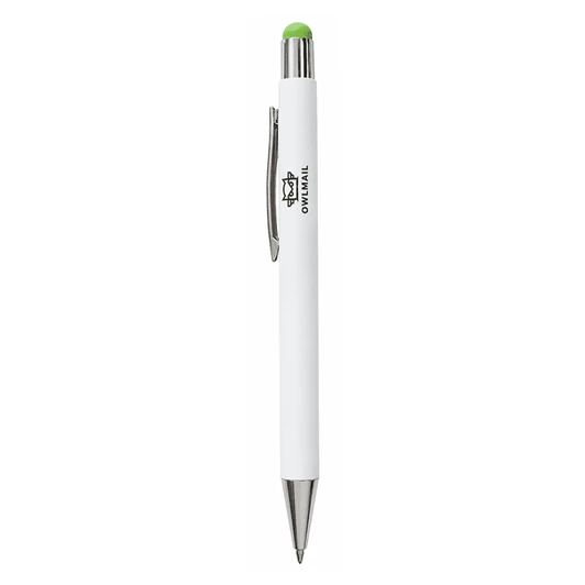A white pen with a chrome clip and a green rubber tip, featuring a logo on the barrel.