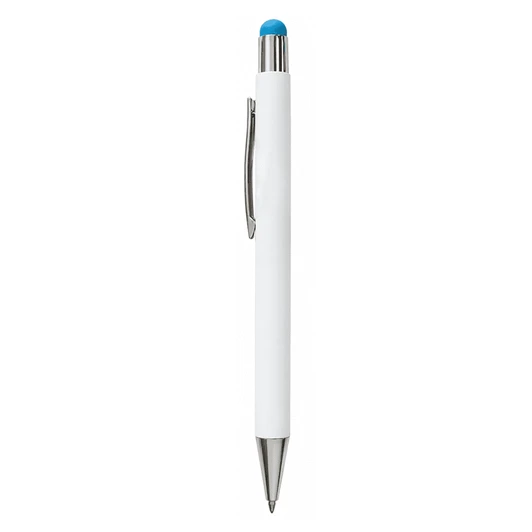 A white pen with a silver clip and a blue stylus tip, featuring a simple design and a logo.