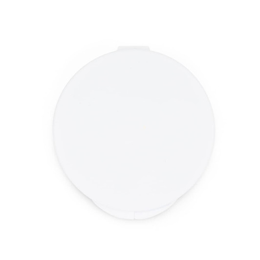 A round, white case for storing Nico Type C earbuds, featuring a smooth surface and a hinged opening.