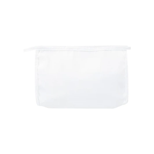 A white toiletries pouch with a zip closure and a logo on the side.