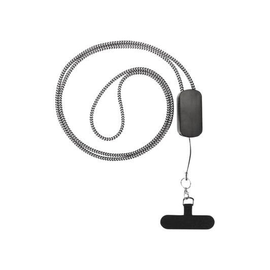 A black lanyard with a woven cord and a rectangular attachment for holding a smartphone or accessory.