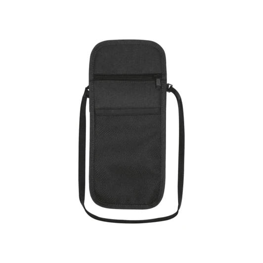 A black recycled travel pouch with a zippered pocket and a shoulder strap, featuring a textured fabric.