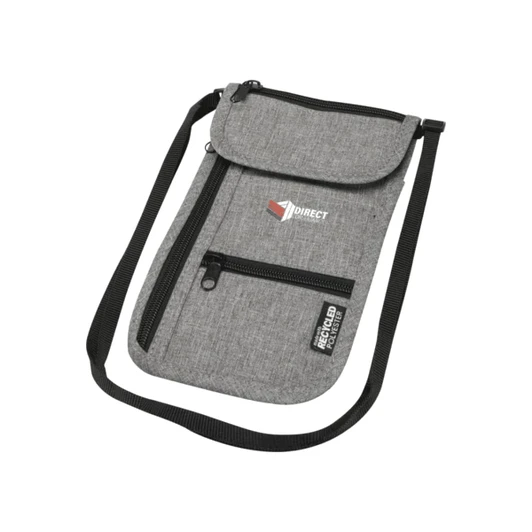 A grey travel pouch with a zipper and flap closure, featuring a strap and a logo. Made from recycled polyester.