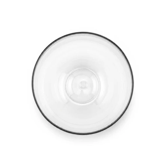 A drink bottle with a clear body and a black rim, featuring a simple design and rounded shape.