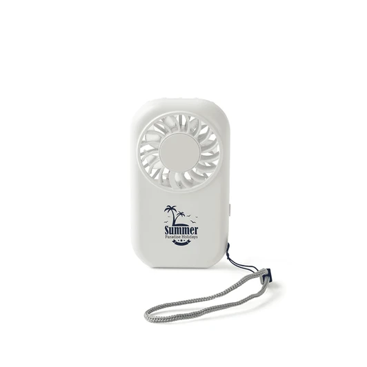 A white mini pocket fan with a palm tree logo and a wrist strap.