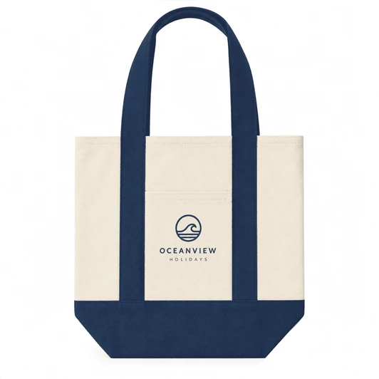A mini canvas tote in cream and navy blue, featuring a logo on the front and sturdy handles.