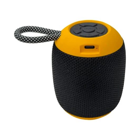 A Bluetooth speaker in black and yellow, featuring a textured surface and a convenient strap for portability.