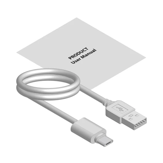 A white charging cable with a USB and micro USB end, accompanied by a user manual.