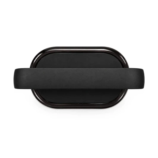 A black Bluetooth speaker with a sleek oval shape and a textured surface, featuring a logo on the side.