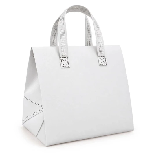 A white cooler bag with structured sides and patterned handles. It features a simple design and includes a logo.