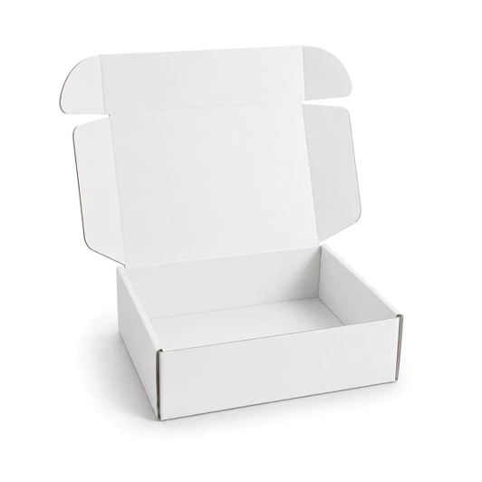 A white cardboard box with a locking lid, measuring 360 x 305 x 105mm, with an open top and flaps.