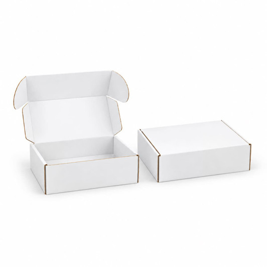 A white custom box with a locking lid, featuring an open and closed position, in a sturdy design.
