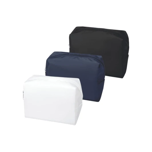 Three toiletry bags in black, navy blue, and white, featuring a zip closure and a logo.