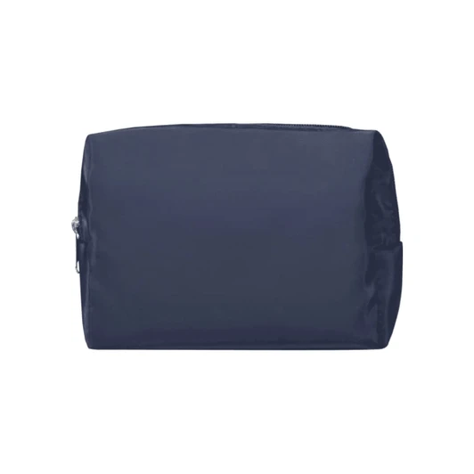A navy blue toiletry bag with a zip closure and side pocket, featuring a logo.