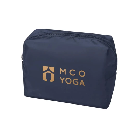 A navy toiletry bag with a gold logo, featuring a zip closure and rectangular shape.