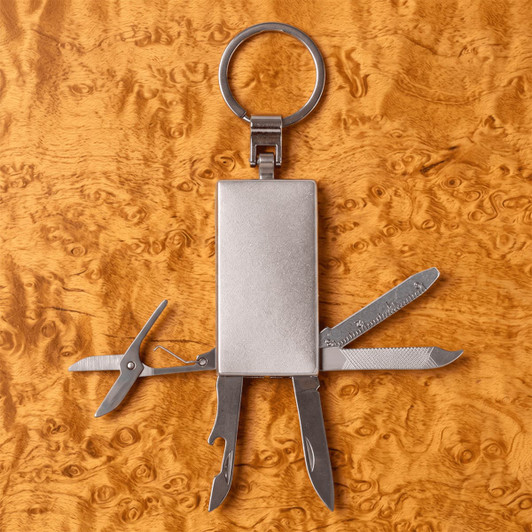 A metallic multi-tool keyring with various tools including scissors, a knife, and a screwdriver attached.