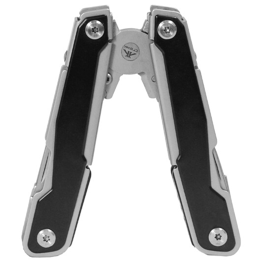 A multifunction tool with a silver and black design, featuring multiple folding components and a central pivot.