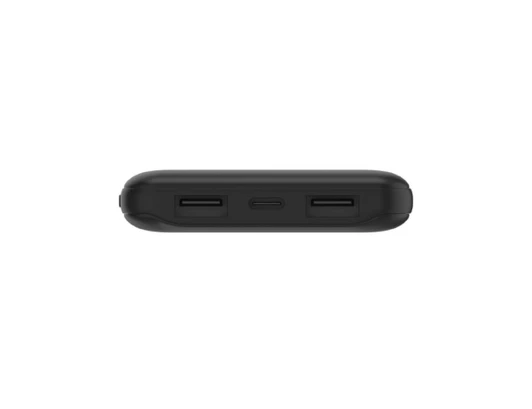 A black power bank featuring USB ports and a central connection point. It has a sleek, compact design.