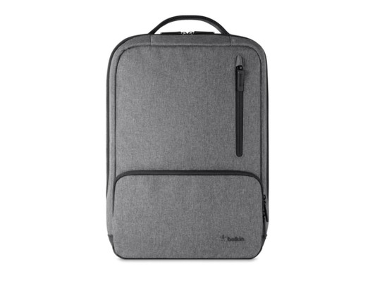 A grey backpack with a clean design featuring a front pocket and a logo. It has a handle on top.