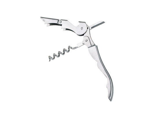 A stainless steel waiter's corkscrew with a lever and spiral corkscrew design. The product features a branding logo.