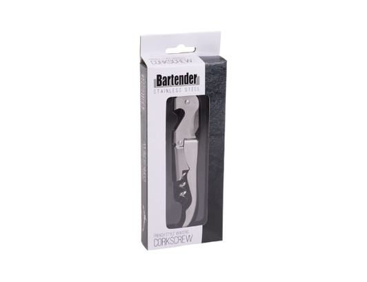 A stainless steel French style waiters corkscrew in packaging, featuring a black handle and a logo.