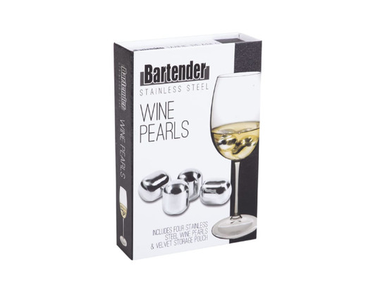 A box containing four stainless steel wine pearls and a velvet storage pouch, alongside a glass of white wine.